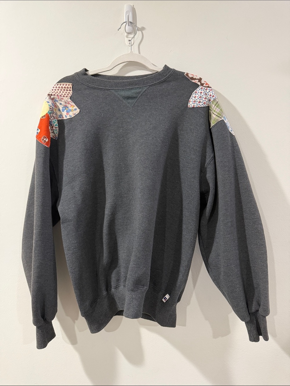 Russell Athletic Charcoal Gray Crewneck Sweatshirt with Patchwork Shoulders